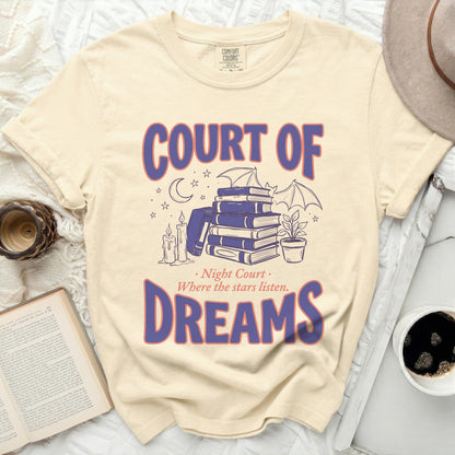 Court of Dreams, Night Court, where the stars listen, on a cream t-shirt.