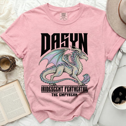 Pink t-shirt with a light-colored dragon graphic and text "DASYN IRIDESCENT FEATHERTAIL THE EMPYREAN".