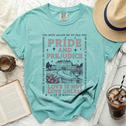 Teal t-shirt with Pride and Prejudice book quotes and illustration.