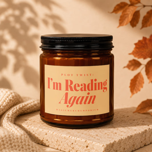 Amber candle with "I'm Reading Again" and "Plot Twist" text on the label.