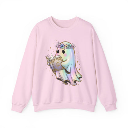 Reading Ghost with Floral Crown Fantasy Art Sweatshirt - MagicMerchEmporium