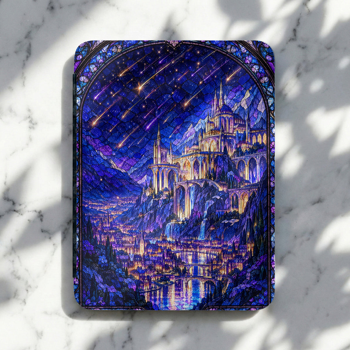 Tablet case featuring a blue stained-glass illustration of a castle beneath a starry sky.