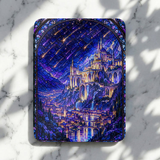 Tablet case featuring a blue stained-glass illustration of a castle beneath a starry sky.