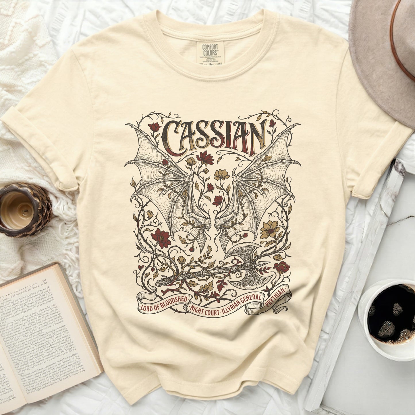 Cassian design with wings, axe, and foliage, reads "Lord of Bloodshed," "Night Court," "Illyrian General," "Prythian."