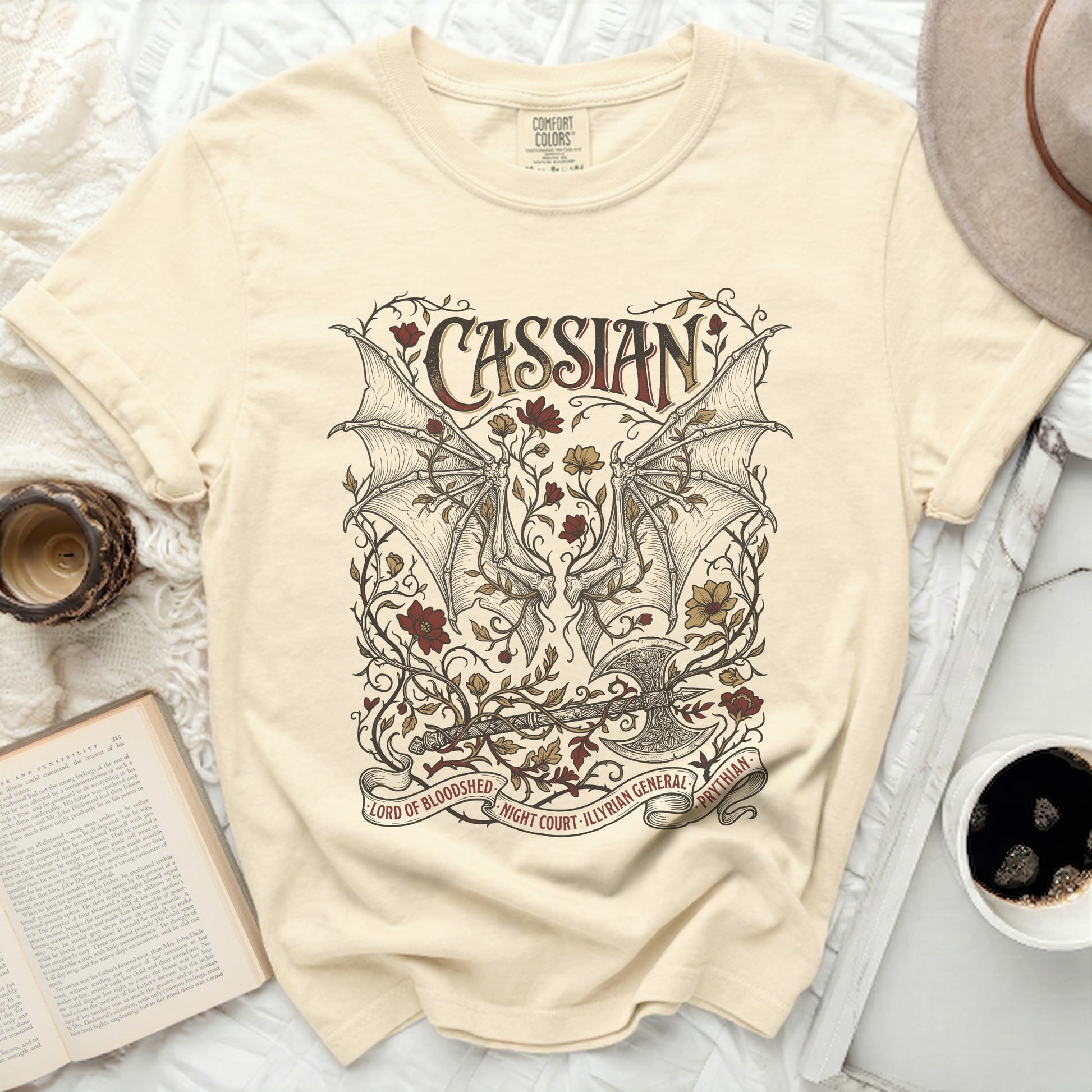 Cassian design with wings, axe, and foliage, reads "Lord of Bloodshed," "Night Court," "Illyrian General," "Prythian."