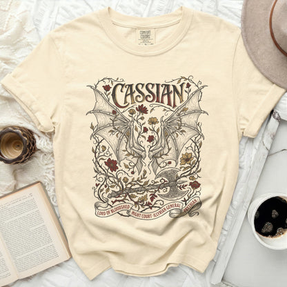 Cassian design with wings, axe, and foliage, reads "Lord of Bloodshed," "Night Court," "Illyrian General," "Prythian."