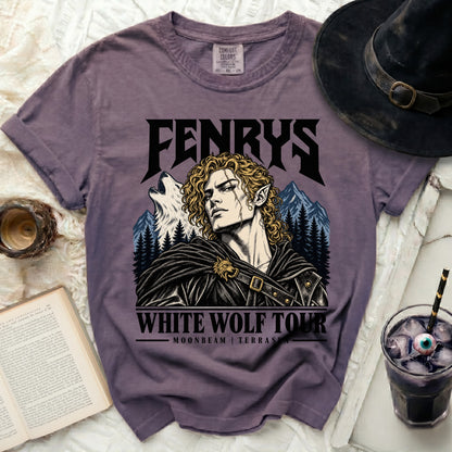 Purple t-shirt with Fenrys White Wolf Tour graphic, moonbeam terrasen.