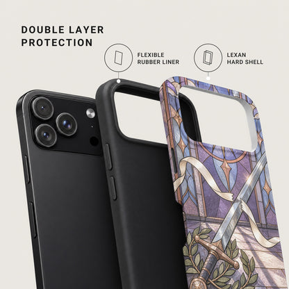 Diagram highlighting the double layer protection of a phone case with a flexible rubber liner and Lexan hard shell.
