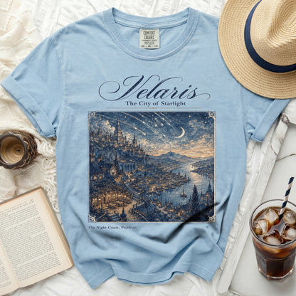 Light blue t-shirt with "Velaris The City of Starlight" and a starry city illustration.