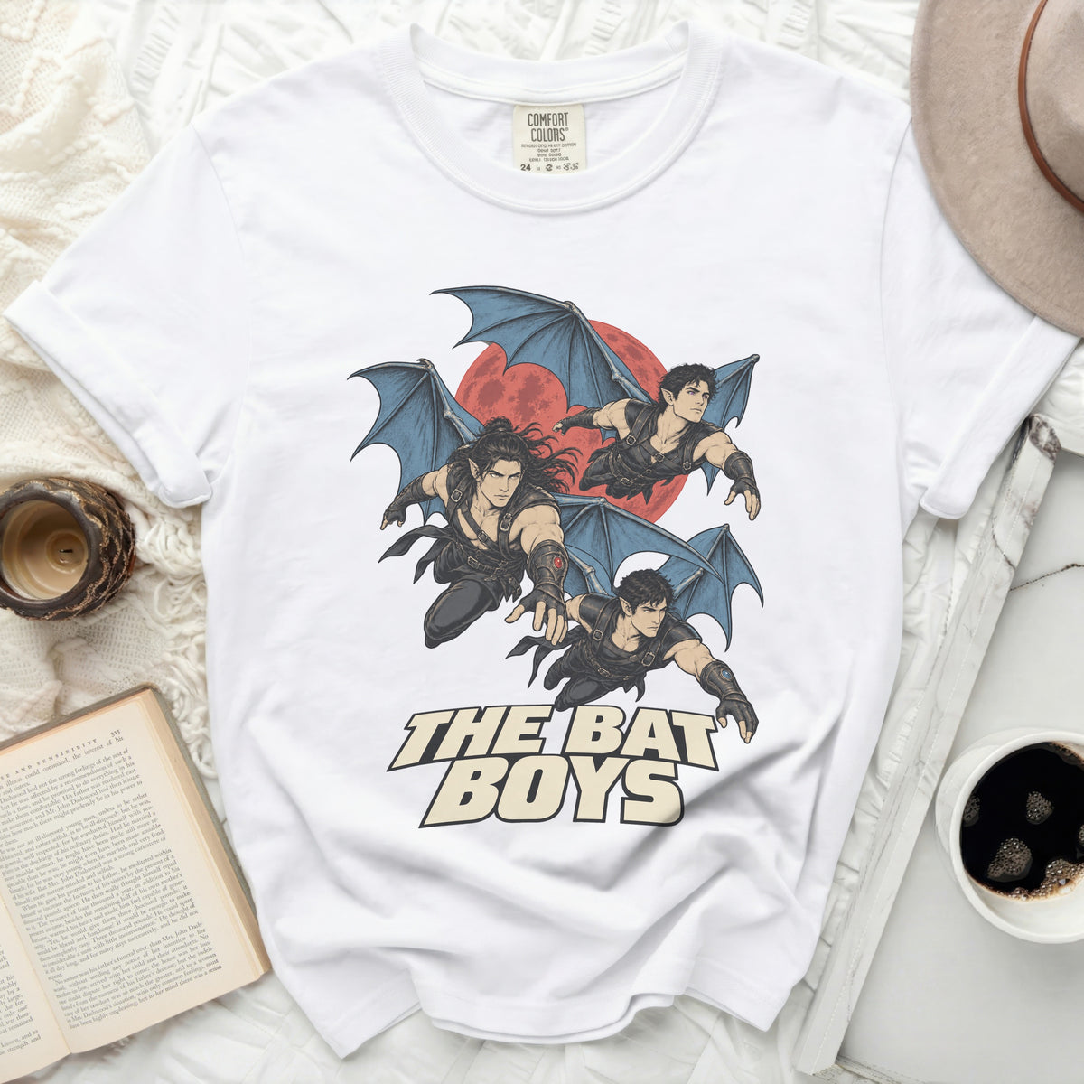 White t-shirt with "The Bat Boys" text and anime-style winged characters.