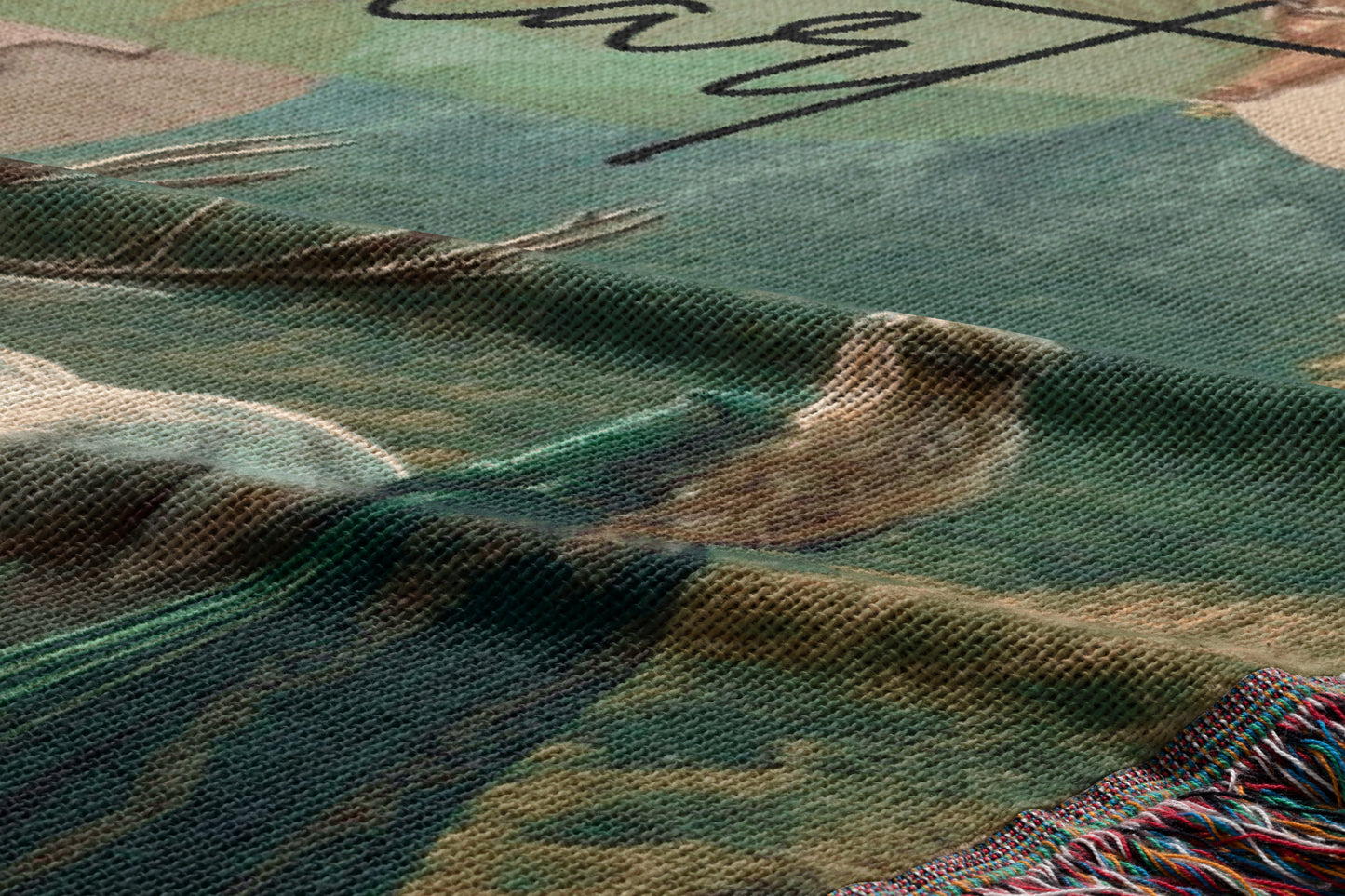 The image is a close-up of a textured fabric with a pattern of green and brown colors.