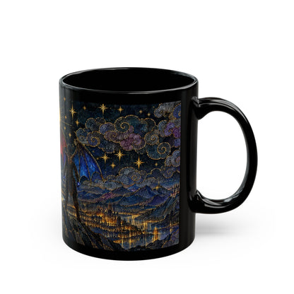 Black ceramic mug featuring a fantasy landscape with a winged figure, city, and starry night sky.