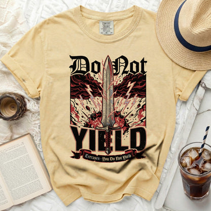 Yellow t-shirt with "Do Not Yield" sword graphic and lightning.