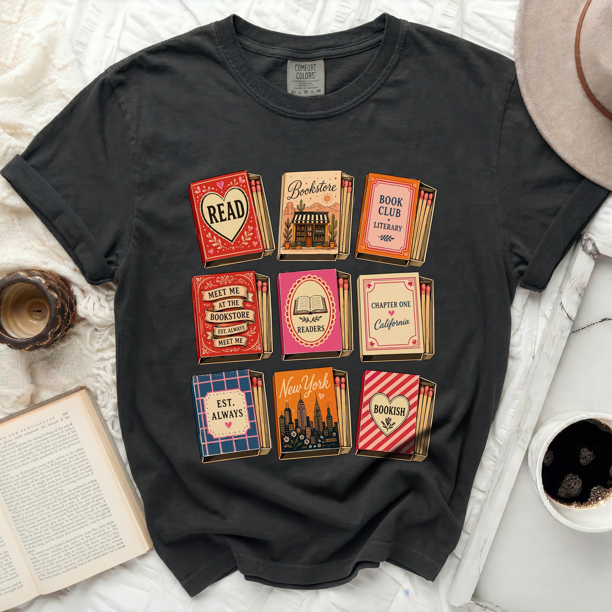 T-shirt design with nine vintage matchbox-style illustrations related to books.