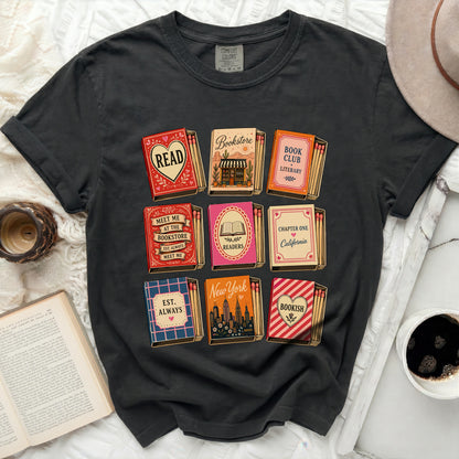 T-shirt design with nine vintage matchbox-style illustrations related to books.