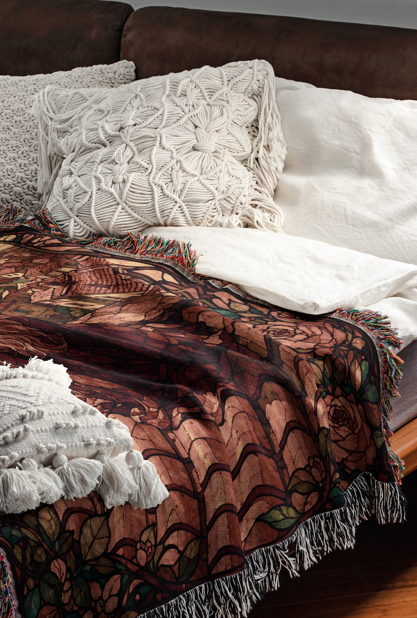 a cozy and inviting bedroom scene, featuring a bed with a brown blanket and white pillows, as well as a decorative throw blanket with a floral pattern.