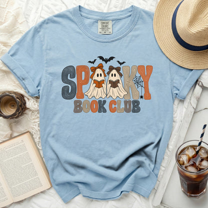 Light blue t-shirt with "Spooky Book Club" graphic featuring ghosts reading