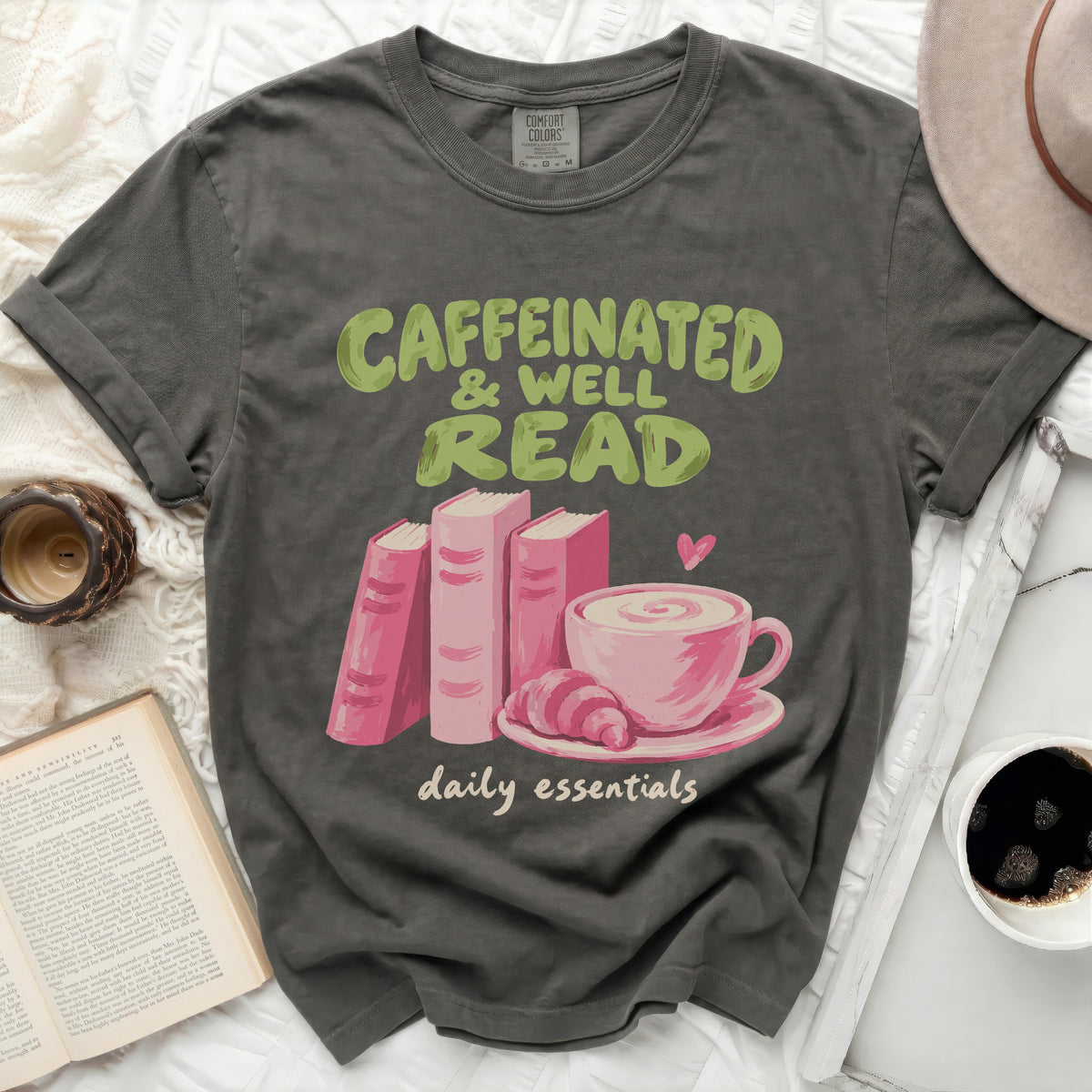 Caffeinated & Well Read graphic tee with books, coffee, and croissant.