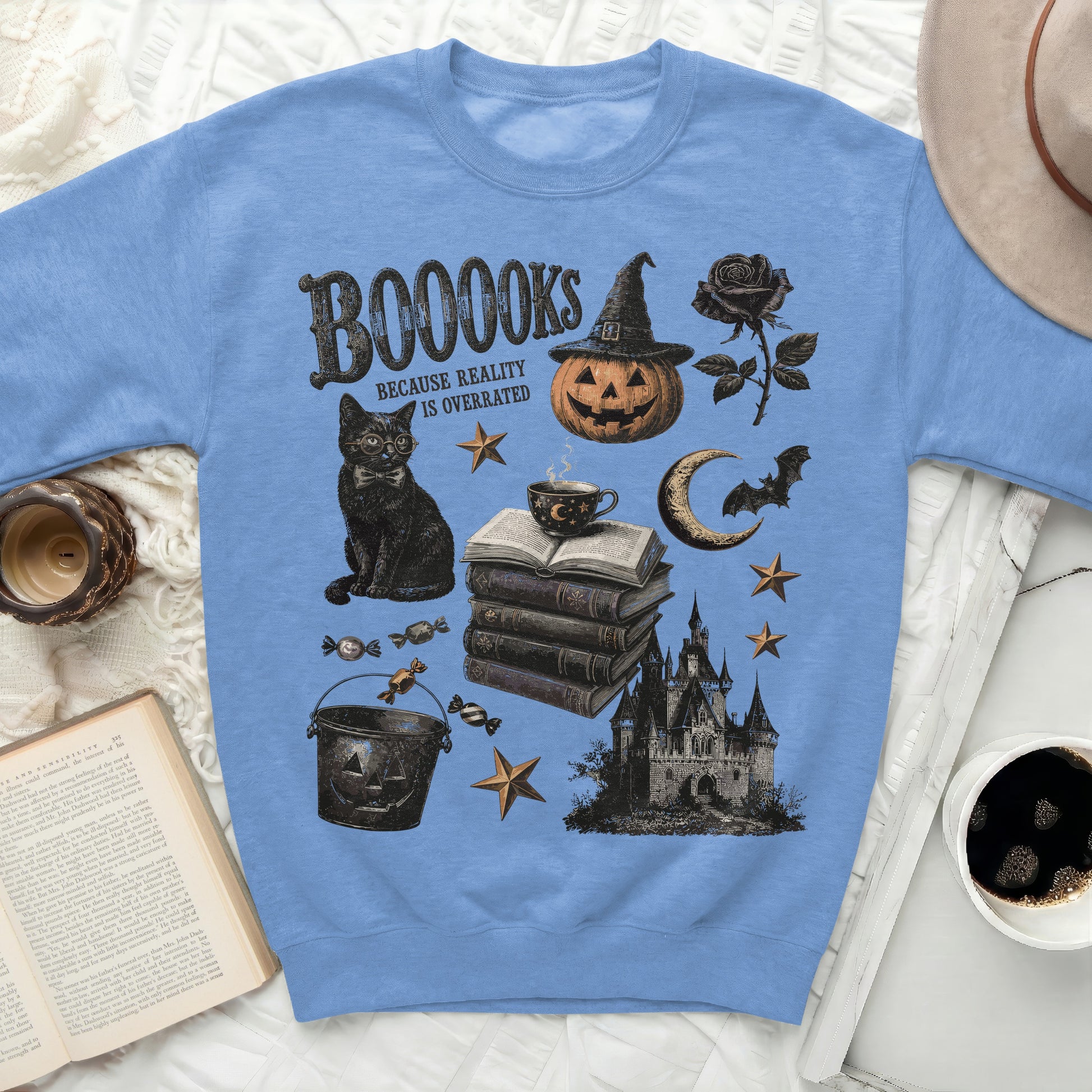 BOOOOKS BECAUSE REALITY IS OVERRATED with Halloween cat, pumpkin, castle icons.