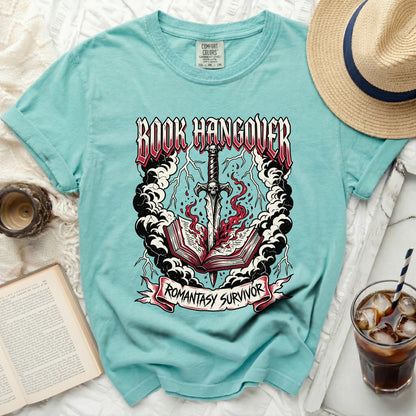 Teal t-shirt with "Book Hangover" and "Romantasy Survivor" graphic.