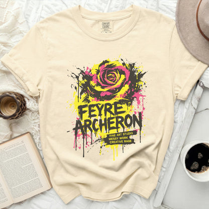 Cream t-shirt with yellow and pink rose graphic and "Feyrer Acheron" text.