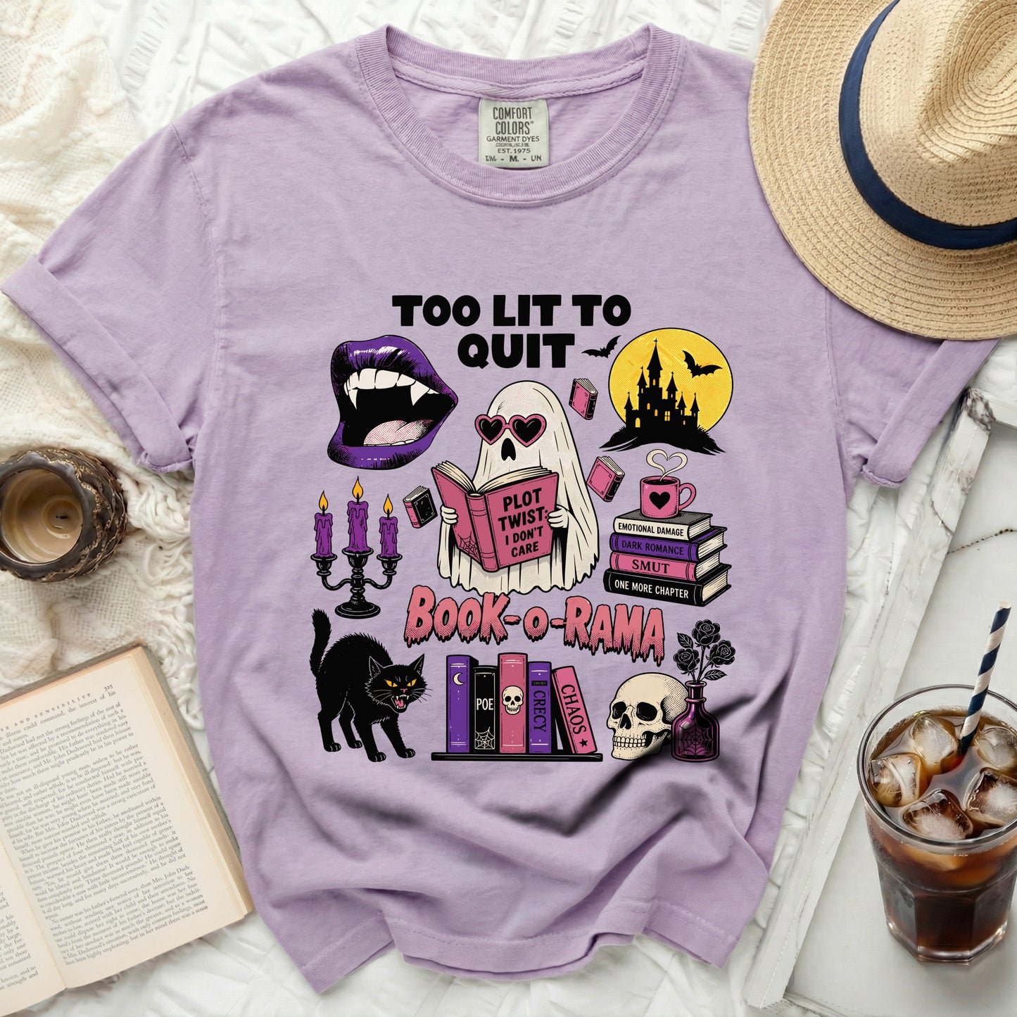 Purple t-shirt with "Too Lit To Quit" and "Book-o-Rama" Halloween book graphic.