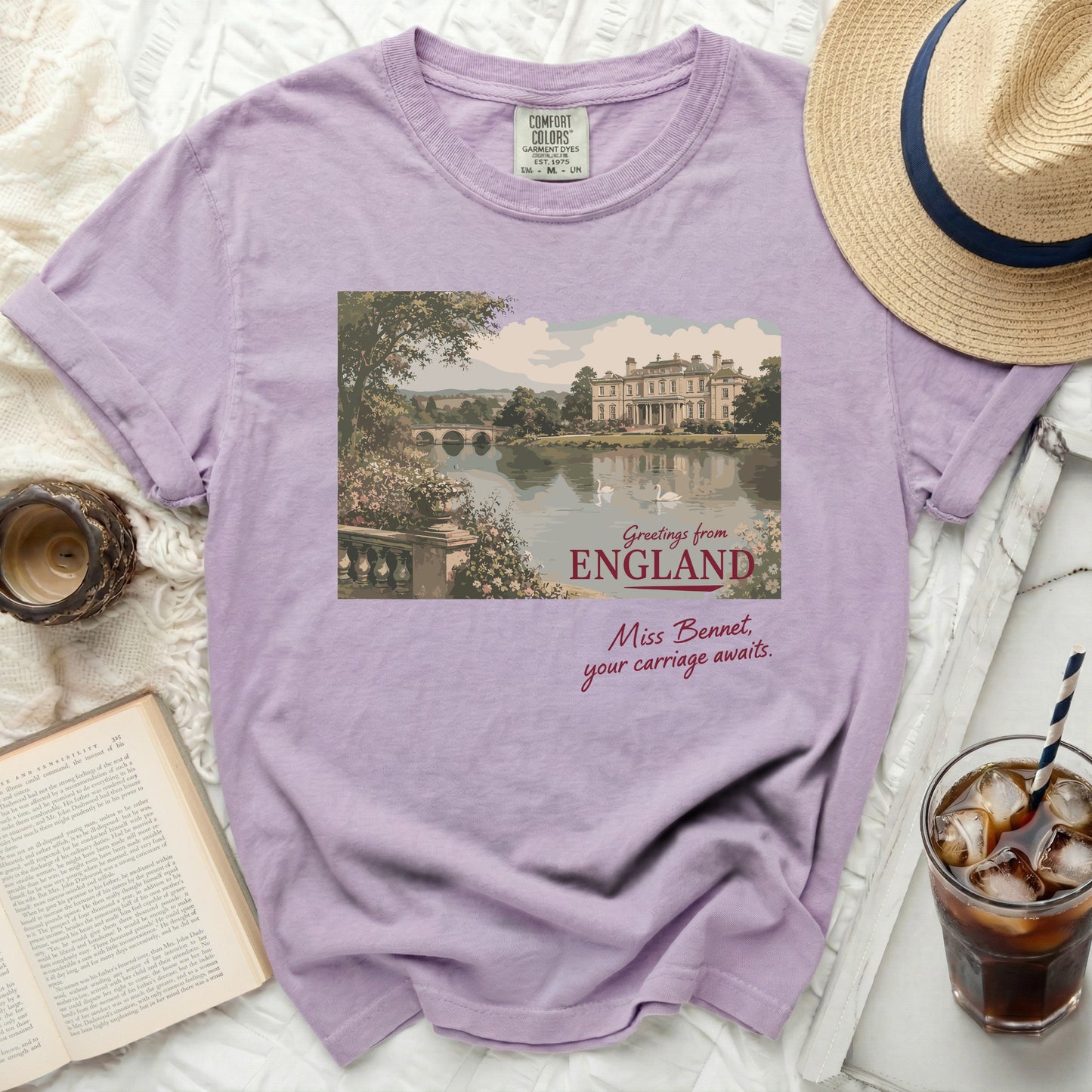 Lavender Comfort Colors t-shirt with "Greetings from ENGLAND Miss Bennet, your carriage awaits." printed.