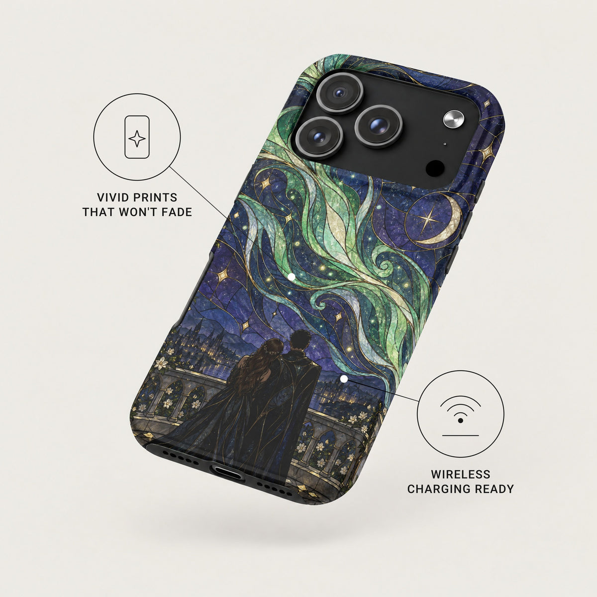 A smartphone case featuring a fantasy art print of a couple gazing at a starry night sky.