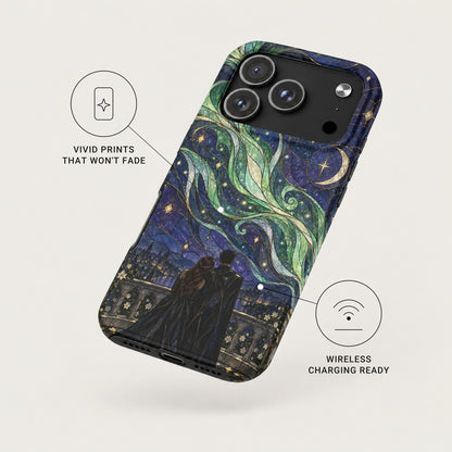 A smartphone case featuring a fantasy art print of a couple gazing at a starry night sky.