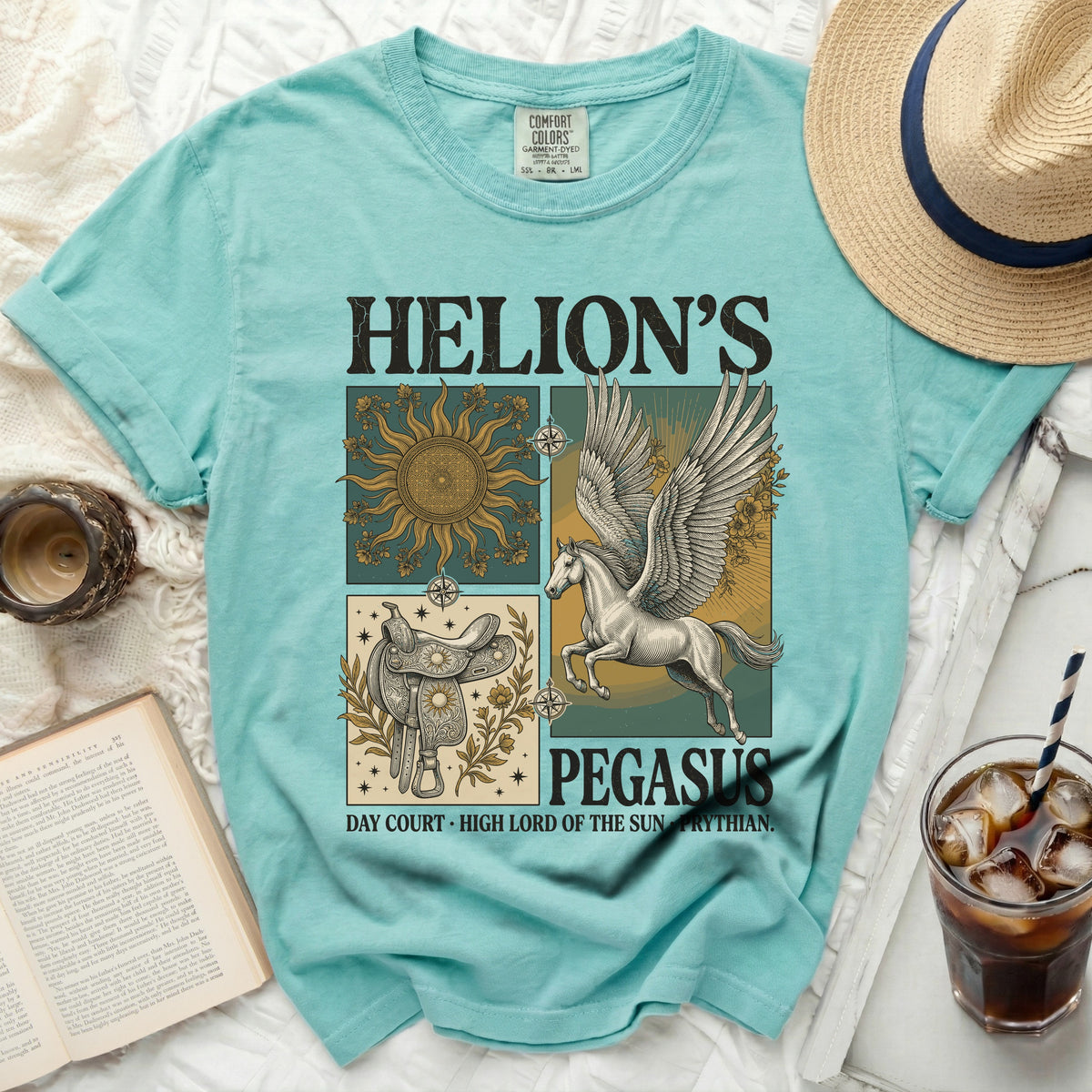 Aqua t-shirt with "Helion's Pegasus" and graphic art including a winged horse.