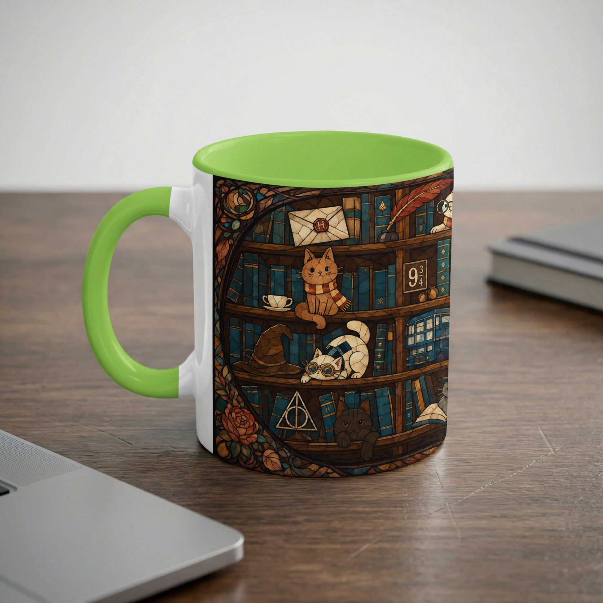 Mug with cats and books featuring the Hogwarts Express and Deathly Hallows symbol.