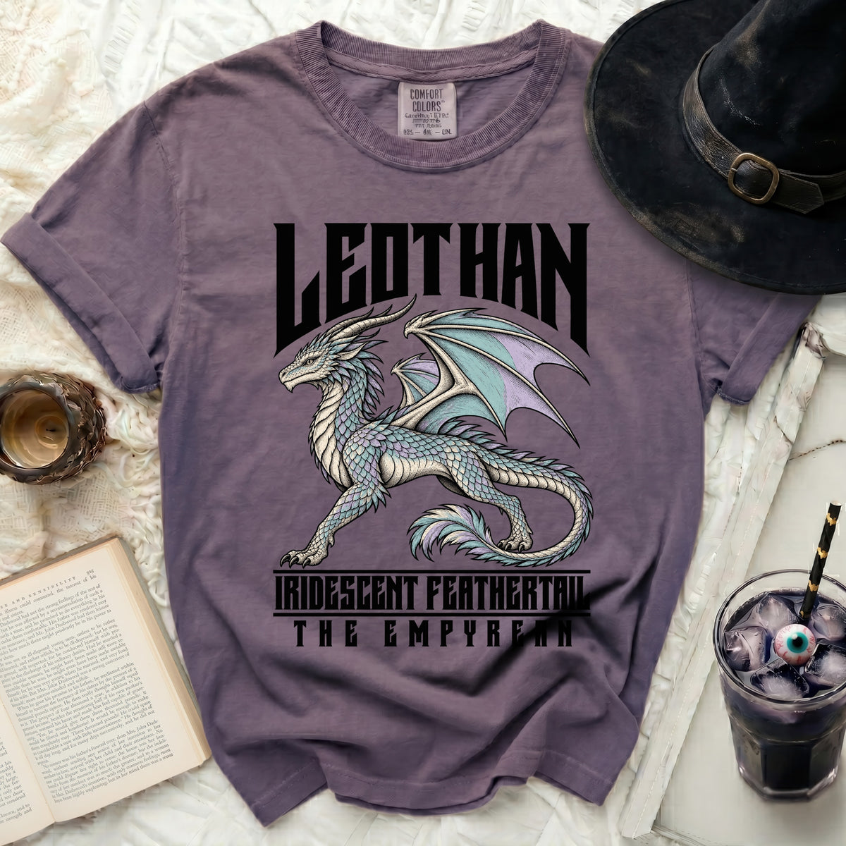 Purple t-shirt with a white and blue dragon graphic and text "LEDTHAN".