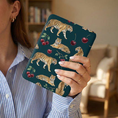 Protective case with a dark teal background featuring tigers and cherries.