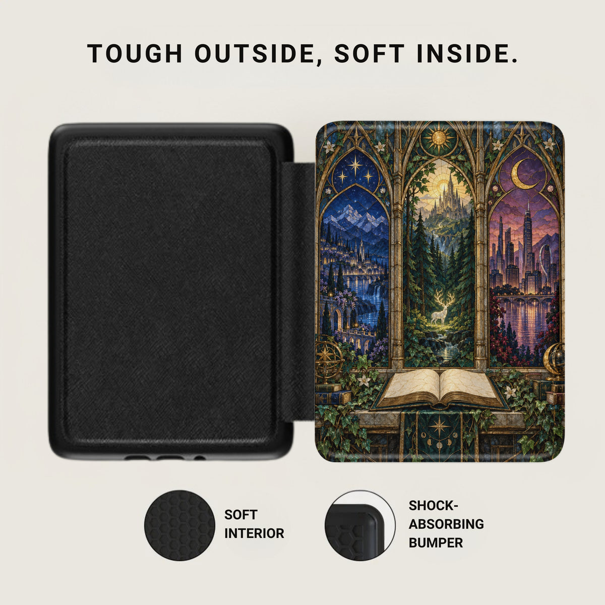 Black case open to reveal a fantastical scene with a deer and cityscape through stained glass.