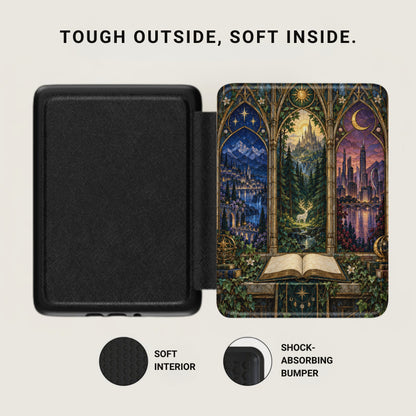 Black case open to reveal a fantastical scene with a deer and cityscape through stained glass.