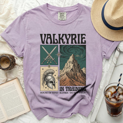 Purple t-shirt with "VALKYRIE IN TRAINING" graphic and illustrations.