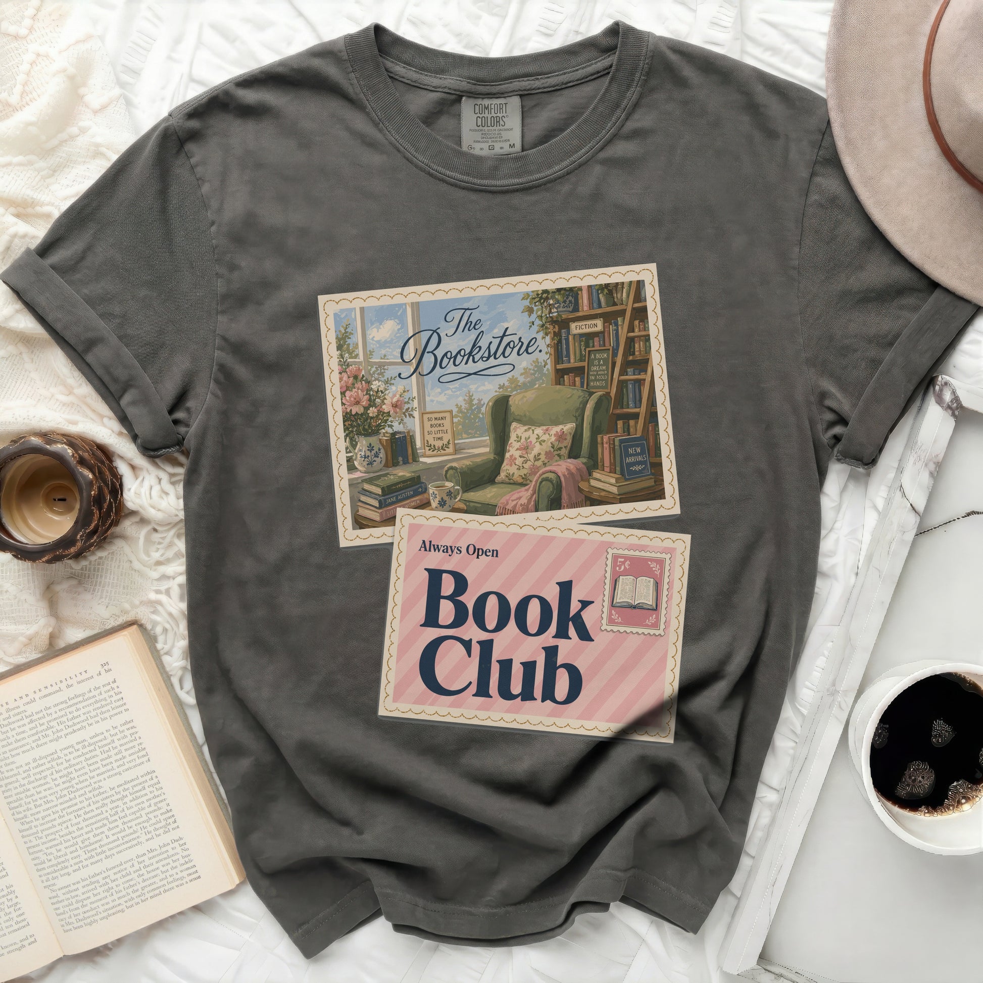 Dark grey t-shirt with "The Bookstore" and "Always Open Book Club" graphic.