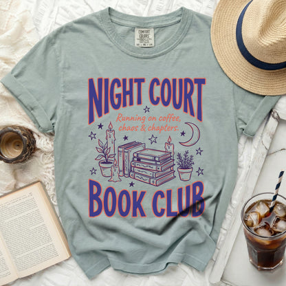 Light blue Comfort Colors t-shirt with "Night Court Book Club" graphic.