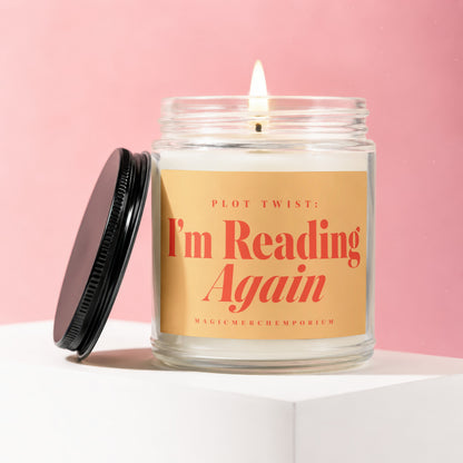 Jar candle with label reading "Plot Twist: I'm Reading Again".