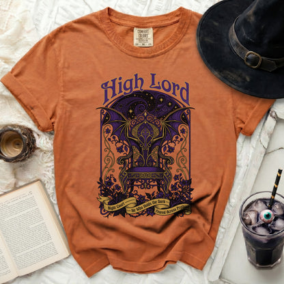 Orange t-shirt with "High Lord" text and ornate throne graphic.