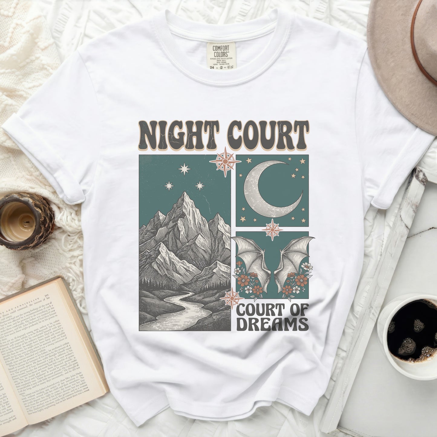 White t-shirt with "Night Court" and "Court of Dreams" text and graphic.