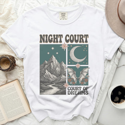 White t-shirt with "Night Court" and "Court of Dreams" text and graphic.