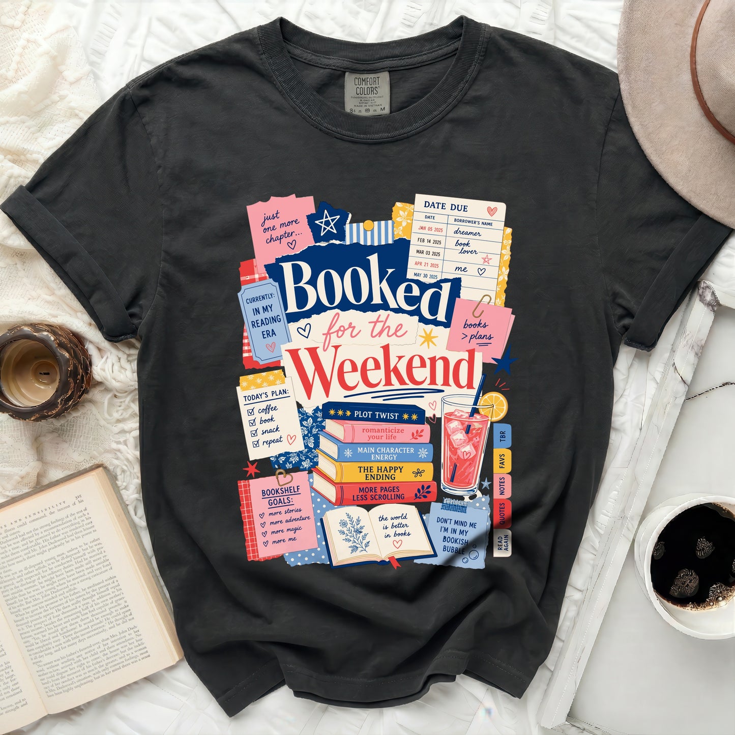 T-shirt with "Booked for the Weekend" and reading-themed graphics.
