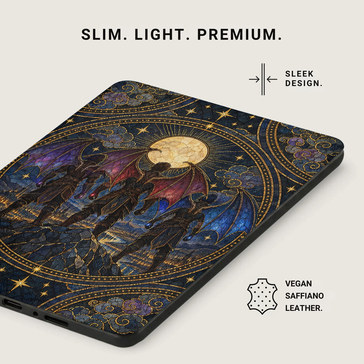 An e-reader case featuring a dark fantasy mosaic art print of winged figures under a full moon.