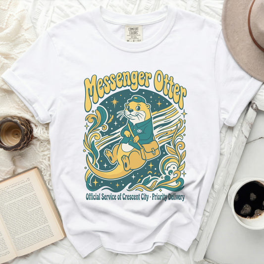 T-shirt with "Messenger Otter" illustration and "Official Service of Crescent City - Priority Delivery" text.