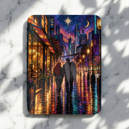Couple walking on wet street reflecting stained glass city at night.