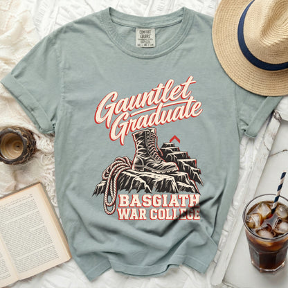 T-shirt with "Gauntlet Graduate" text, boot, and "Basgiath War College" graphic.