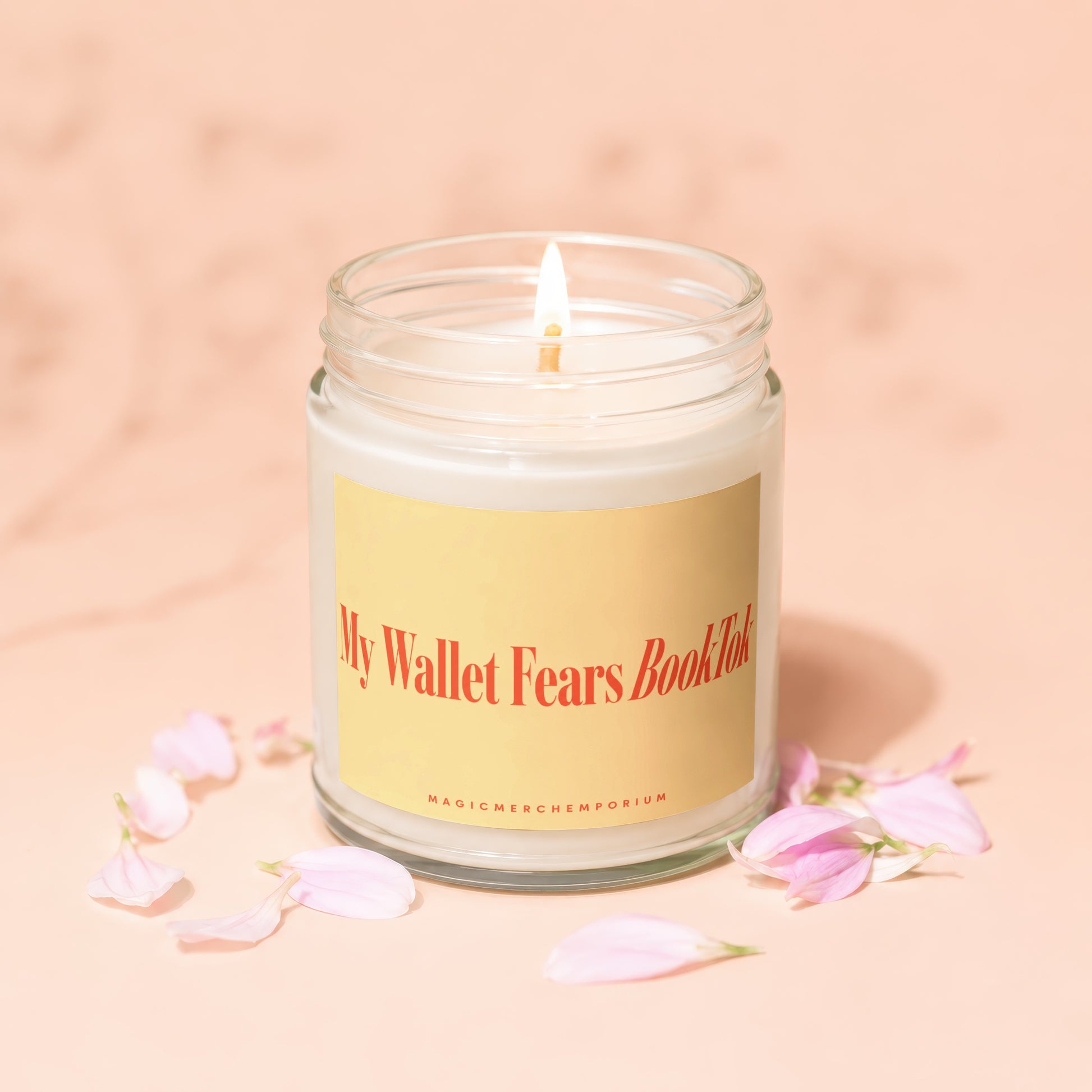 Jar candle with lit wick, label reads "My Wallet Fears Booktok".