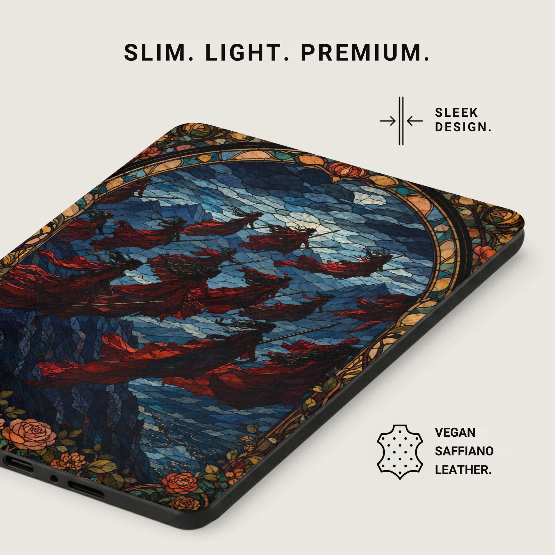 Phone case with stained glass design featuring figures in red flowing robes and roses.