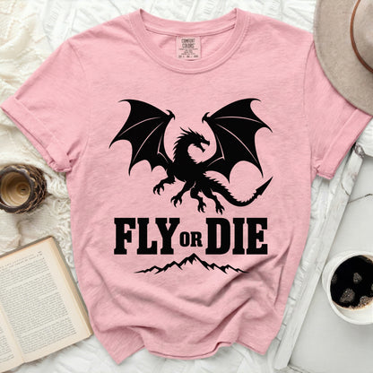 Pink t-shirt with black dragon and "FLY OR DIE" text.